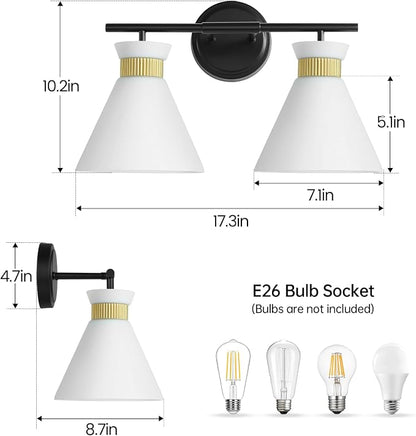 WOSHITU Bathroom Vanity Light Fixtures: 2-Lights Mid Century Modern Vanity Lights for Bathroom, Black and Gold Wall Sconce Lighting with Frosted Milky Glass for Over Mirror Bedroom Hallway