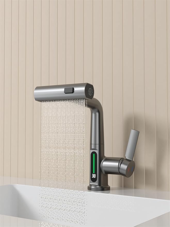 Bathroom One Hole Sink Basin Faucet with Waterfall Pull Down Sprayer,Vanity Single Handle 1 Hole RV Kitchen Pull Out Faucet with Rainfall Spray Head Temperature Digital Display Mixer Tap Grey