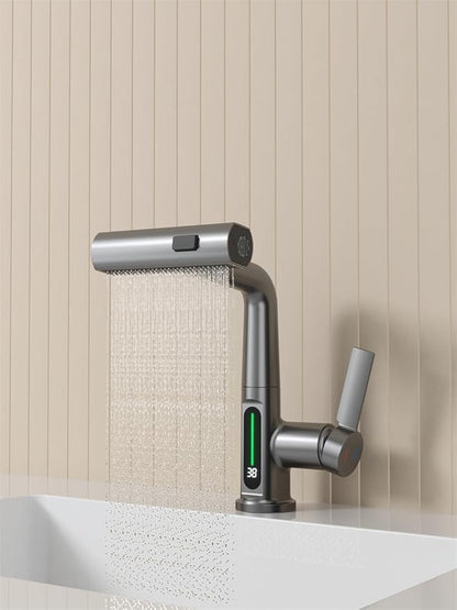 Bathroom One Hole Sink Basin Faucet with Waterfall Pull Down Sprayer,Vanity Single Handle 1 Hole RV Kitchen Pull Out Faucet with Rainfall Spray Head Temperature Digital Display Mixer Tap Grey