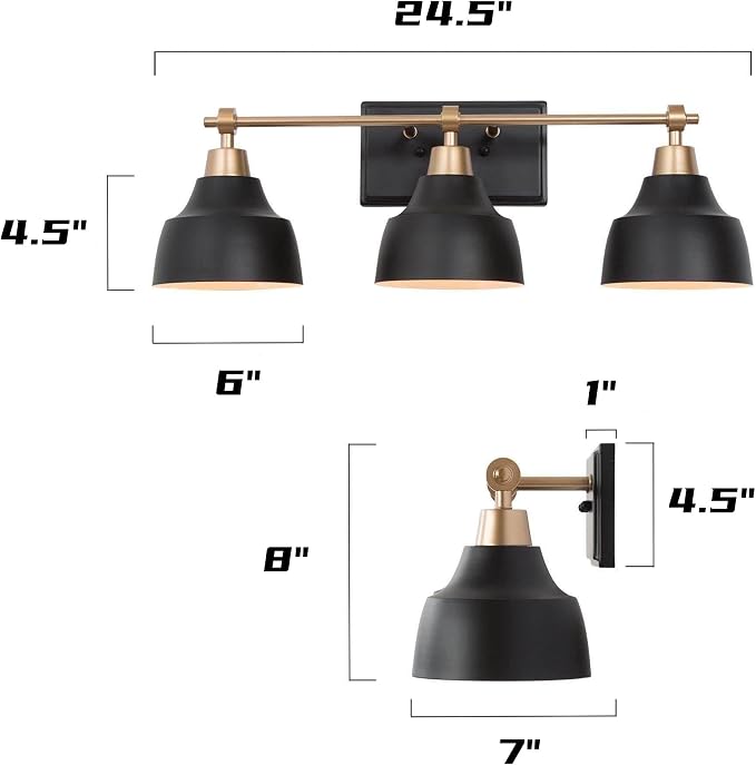 Black Bathroom Vanity Light Fixtures, 3-Light Brass Modern Farmhouse Gold Vanity Wall Lamp Over Mirror with Metal Globe for Hallway, Bedroom, Kitchen, and Living Room