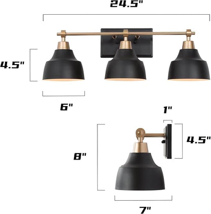 Black Bathroom Vanity Light Fixtures, 3-Light Brass Modern Farmhouse Gold Vanity Wall Lamp Over Mirror with Metal Globe for Hallway, Bedroom, Kitchen, and Living Room