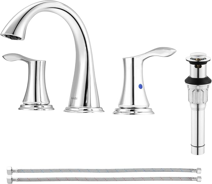 Bathroom Sink Faucet 8 Inch Widespread for Vanity, Chrome | Mid Arc Brass Spout, 2 Handle Lead-Free Bathroom Faucet with Metal Pop Up Drain Supply Lines for 3 Hole Lavatory Utility Sink