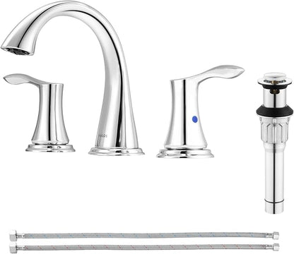 Bathroom Sink Faucet 8 Inch Widespread for Vanity, Chrome | Mid Arc Brass Spout, 2 Handle Lead-Free Bathroom Faucet with Metal Pop Up Drain Supply Lines for 3 Hole Lavatory Utility Sink
