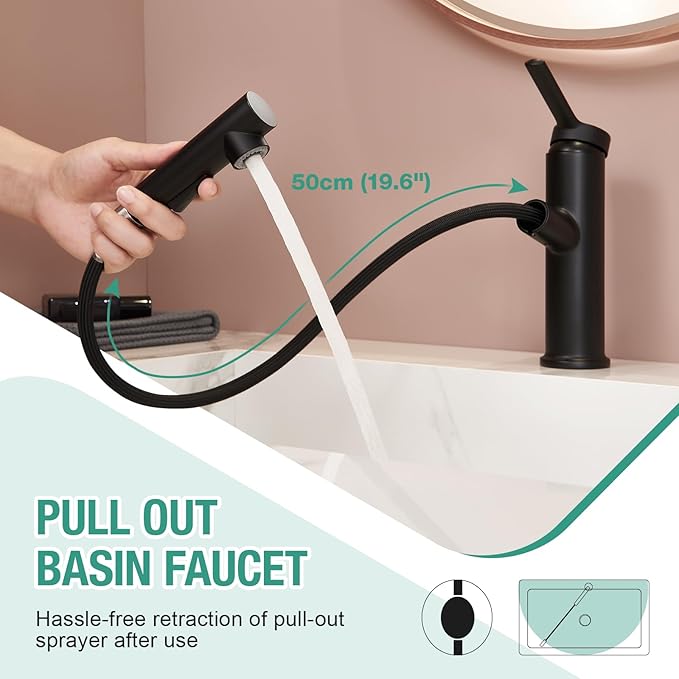 Faustina Matte Black Bathroom Faucet with Pull Out Sprayer, Bathroom Sink Faucet for Vanity or Laundry, Stainless Steel 1 Handle with Deck Plate for 1 or 3 Hole