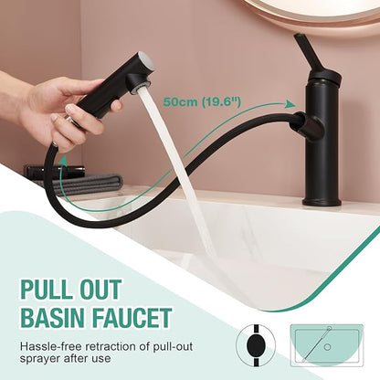 Faustina Matte Black Bathroom Faucet with Pull Out Sprayer, Bathroom Sink Faucet for Vanity or Laundry, Stainless Steel 1 Handle with Deck Plate for 1 or 3 Hole