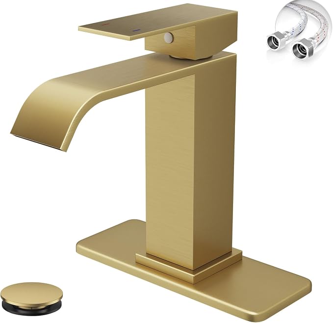 Brushed Gold Bathroom Faucets Evolvegoods Modern Waterfall Bathroom Faucet | Single Handle 1 or 3 Hole Bathroom Sink Faucet RV Mixer Tap Vanity Faucet with Deck Plate Pop-up Drain and Supply Lines