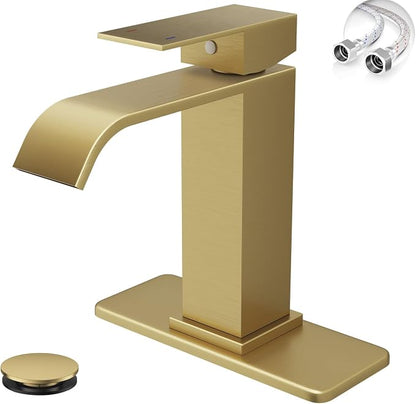Brushed Gold Bathroom Faucets Evolvegoods Modern Waterfall Bathroom Faucet | Single Handle 1 or 3 Hole Bathroom Sink Faucet RV Mixer Tap Vanity Faucet with Deck Plate Pop-up Drain and Supply Lines