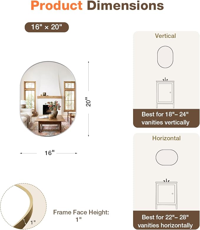 16"x20" Brushed Nickel Oval Bathroom Mirror for Over Sink, Vanity Mirror | Aluminum Alloy Frame, Clear Reflection, Rust-Resistant, Vertical or Horizontal, Wall Mount, Bedroom and Entryway