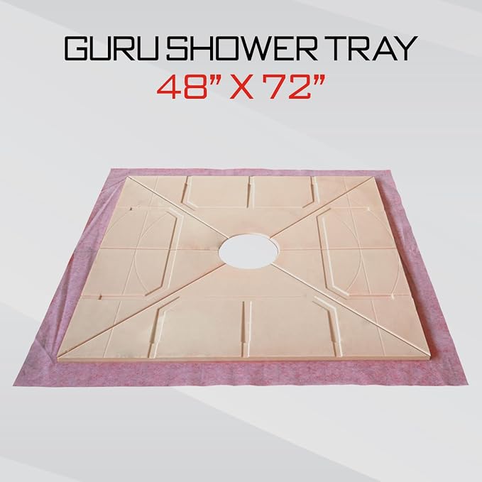 GURU USA W-S Heavy Duty Shower Tray for Square Drain, Bathroom Shower Pan Kit with Pre-Sloped Shower Base & Waterproofing Membrane, 48” x 72”, Four Slopes, Center Drain