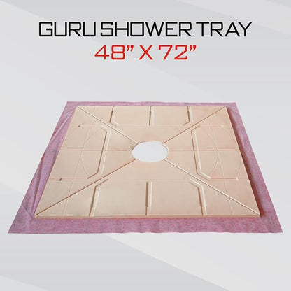 GURU USA W-S Heavy Duty Shower Tray for Square Drain, Bathroom Shower Pan Kit with Pre-Sloped Shower Base & Waterproofing Membrane, 48” x 72”, Four Slopes, Center Drain