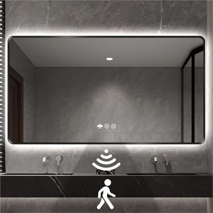 56" x 36" Black LED Bathroom Mirror with Lights - Motion Sensor | Smart Backlit Mirror Bathroom, Metal Framed, Anti-Fog, 3-Color Stepless Dimmable Lighted Mirror, Memory Function, CRI≥93
