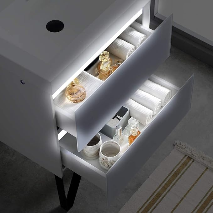 Blossom 48 inch LED Lighted Bathroom Vanity with Acrylic Sink | Wall Mounted Vanity with Dimmable LED Lights | Modern Floating Design for Bathrooms | 48" w/Acrylic Sink, Light Grey