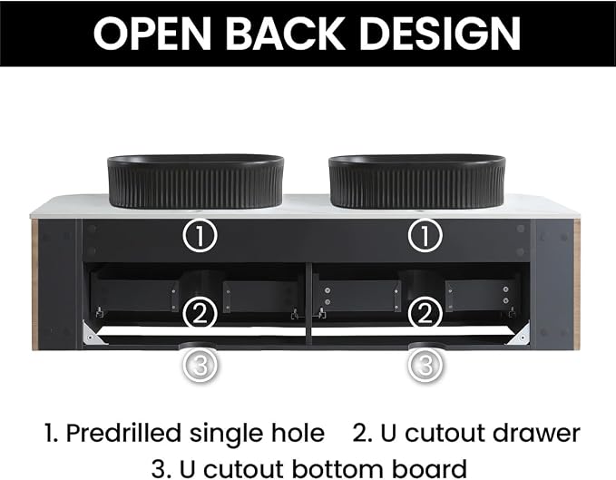 60" Preassembled Double Floating Bathroom Vanity with Black Sink, Oak | Mid-Century Modern Style, Fluted & Soft-Close Drawer with U-shaped Wall, Sinterted Stone Countertop, Towel Rack Included
