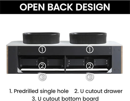 60" Preassembled Double Floating Bathroom Vanity with Black Sink, Oak | Mid-Century Modern Style, Fluted & Soft-Close Drawer with U-shaped Wall, Sinterted Stone Countertop, Towel Rack Included