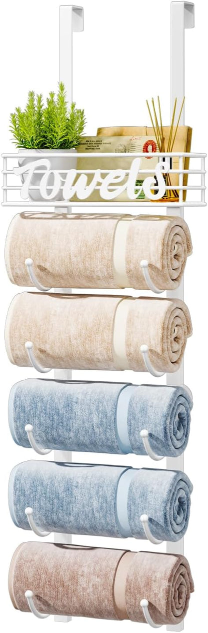 HapiRm Towel Racks for Bathroom Storage - 6 Tier Over The Door & Wall Mount Rolled Towel Storage Organizer Holder with Metal Shelf Basket for Small Bathroom, Camper, Rv - White, Patented