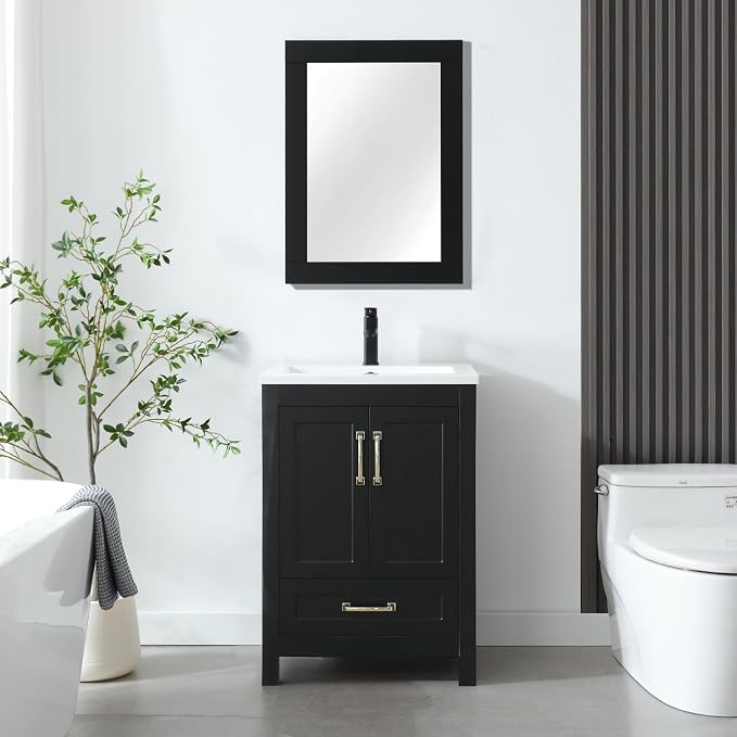 LUCKWIND 24" Bathroom Vanity and Sink Combos, Modern Bathroom Storage Painted Cabinet with Undercounter Ceramic Single Sink Top, Matte Black Faucet and Drawer, Mirror Not Included, Black