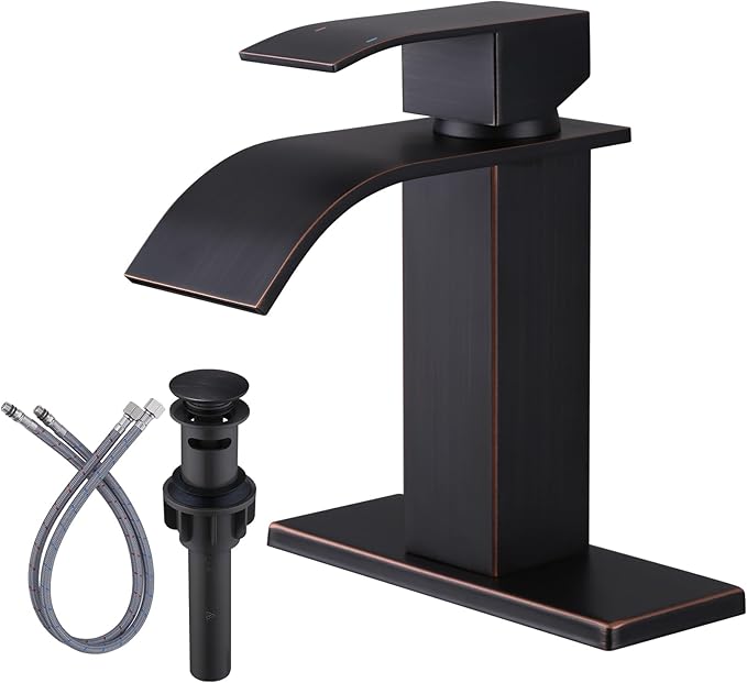 Oil Rubbed Bronze Bathroom Faucet - ARCORA Waterfall Bathroom Faucet Single Handle Mixer Tap Lavatory Vanity Sink Faucet with Deck Plate and Pop Up Drain, 1 or 3 Hole