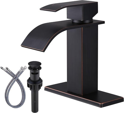 Oil Rubbed Bronze Bathroom Faucet - ARCORA Waterfall Bathroom Faucet Single Handle Mixer Tap Lavatory Vanity Sink Faucet with Deck Plate and Pop Up Drain, 1 or 3 Hole