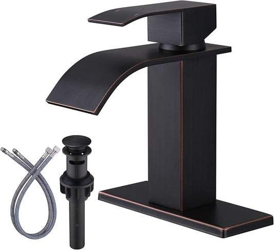 Oil Rubbed Bronze Bathroom Faucet - ARCORA Waterfall Bathroom Faucet Single Handle Mixer Tap Lavatory Vanity Sink Faucet with Deck Plate and Pop Up Drain, 1 or 3 Hole