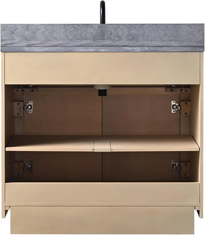 36 Inch Bathroom Vanity with Single Sink & Black Ceramic Top, MDF Material Vanity Cabinet with Basin Combo, Soft-Closing Doors, Removable Shelf, Backsplash