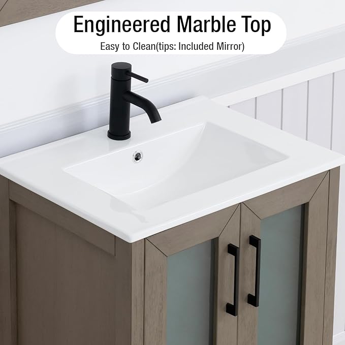 HOMEBEYOND 24 Inch Modern Bathroom Vanity with Sink & Mirror, Single Vanity Cabinet with Basin and Mirror, Dove-Tailed Drawers, Soft-Closing Doors, Wood, Driftwood Gray