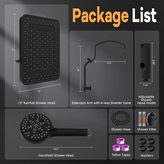 Hibbent 13" Filtered Shower Head & Filtered 10-Mode Handheld Combo, Black | High Pressure 5-Spray Showerhead, 4-way Diverter, Heightened All Metal Extension Arm, 3 Filter Cartridges, Easy Reach