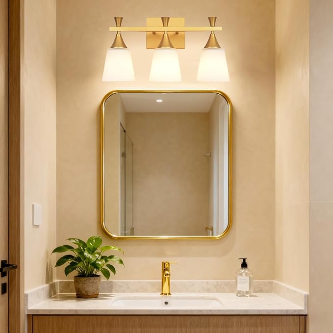 3 Light Modern Bathroom Vanity Light, Milk Glass Wall Light Fixtures Over Mirror, Brushed Gold Vanity Lighting for Bathroom, Living Room, Bedroom, E26 Base (Exclude Bulb)