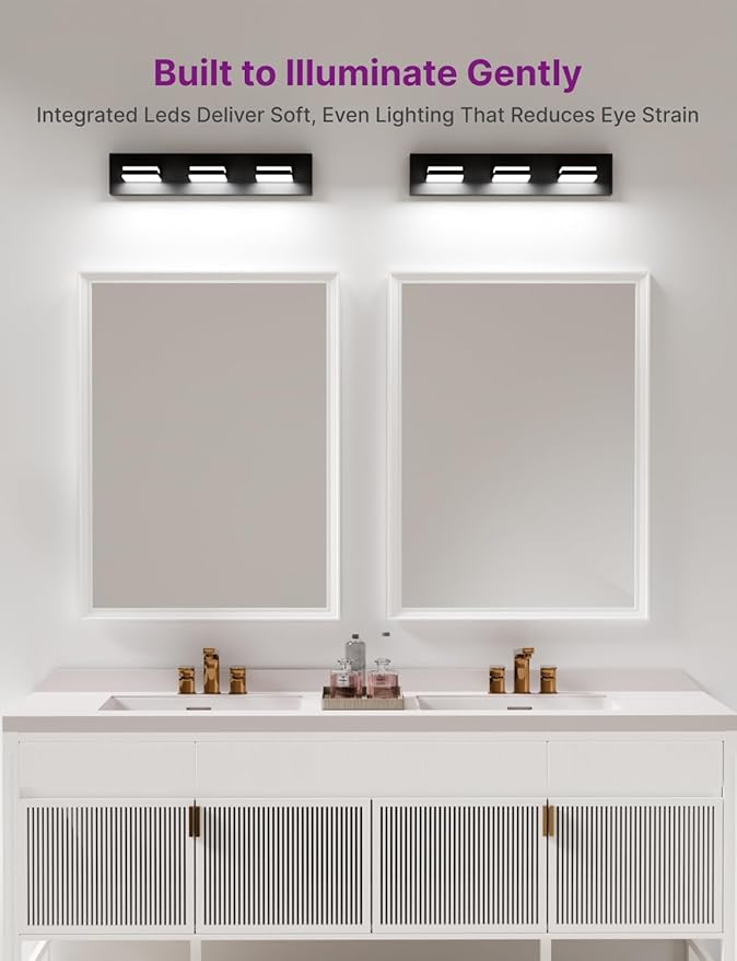 Modern Bathroom Vanity Light, 22" 3-Light Bathroom Light Fixtures Over Mirror, LED Bathroom Light 3000K 4000K 5000K CCT Adjustable, Matte Black