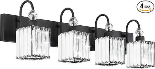 Ralbay Matte Black Crystal Vanity Light 4 Light Modern Crystal Bathroom Lighting Fixtures Over Mirror, Crystal Black Bathroom Vanity Light