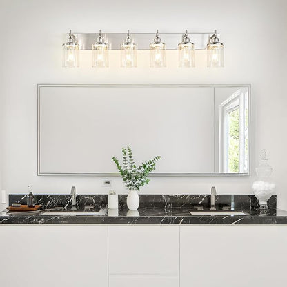 6-Light Brushed Nickel Bathroom Light Fixture Over Mirror Modern Bathroom Vanity Light Vintage Wall Lighting with Clear Glass Shade for Bathroom, Bedroom, Hallway, Cabinet