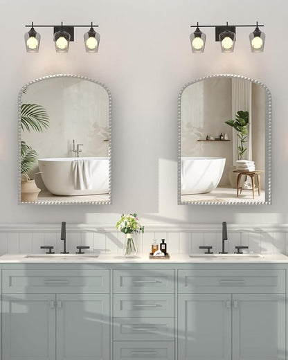 Daisy Beaded Arched Medicine Cabinet with Mirror, Wall Mounted or Recessed 20x28 Inch Bathroom Vanity Mirror with Storage Full-Metal Cabinets, 2 Adjustable Shelves and 1 Organizer Bling Silver