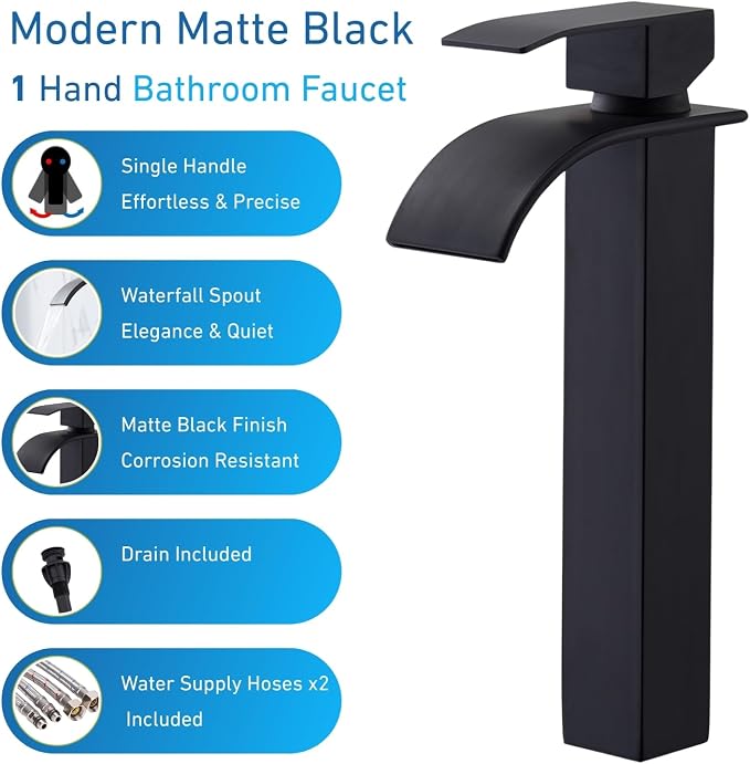 Vessel Sink Faucet, Tall Matte Black Waterfall Bathroom Faucet Single Handle One Hole Stainless Steel Mixer Tap Bowl Lavatory Vanity Faucet UF-FJT016B