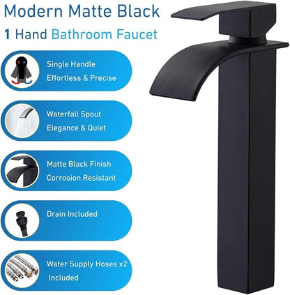 Vessel Sink Faucet, Tall Matte Black Waterfall Bathroom Faucet Single Handle One Hole Stainless Steel Mixer Tap Bowl Lavatory Vanity Faucet UF-FJT016B