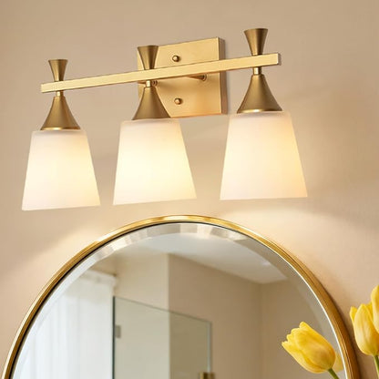 3 Light Modern Bathroom Vanity Light, Milk Glass Wall Light Fixtures Over Mirror, Brushed Gold Vanity Lighting for Bathroom, Living Room, Bedroom, E26 Base (Exclude Bulb)