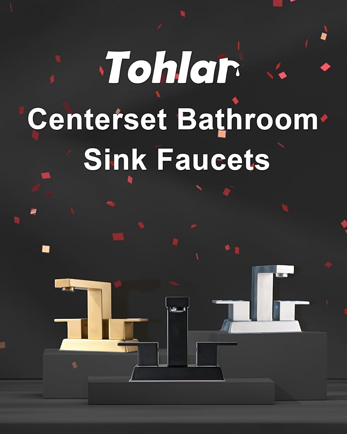 Tohlar Brushed Gold 2 Handle 4 Inch Centerset Bathroom Faucet with Pop Up Drain and 2 Lead-Free Hoses