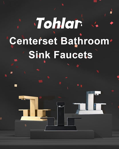 Tohlar Brushed Gold 2 Handle 4 Inch Centerset Bathroom Faucet with Pop Up Drain and 2 Lead-Free Hoses