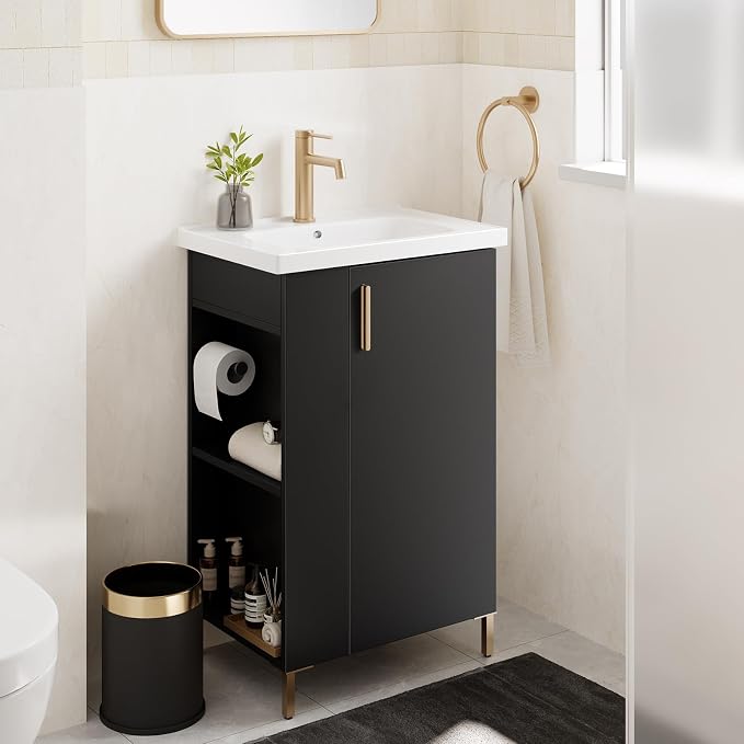 20 Inch Black Freestanding Bathroom Vanity, Pre-Assembled Bathroom Cabinet with Ceramic Sink, Soft-Close Door, Left Side Storage, Fit for Small Bathrooms, No Faucet, BV05-20-PUREBLACK-PLUS