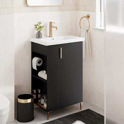 20 Inch Black Freestanding Bathroom Vanity, Pre-Assembled Bathroom Cabinet with Ceramic Sink, Soft-Close Door, Left Side Storage, Fit for Small Bathrooms, No Faucet, BV05-20-PUREBLACK-PLUS