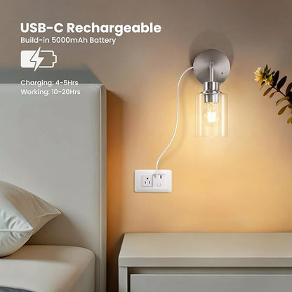 Epinl Battery Operated Wall Sconce Set of Two - Brushed Nickel Rechargeable Wireless Wall Sconces with Remote Control, Cordless Wall Lights 3000K Wall Lamp for Bedroom Bathroom Living Room