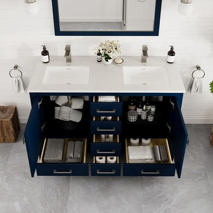 Eviva London 48 Inch Double Sink Vanity - Blue Double Vanity Sinks For Bathrooms - 48 Vanity With Sink And Countertop In Quartz & Undermount Porcelain Sink Combo - 48 Bathroom Vanity With Top And Sink