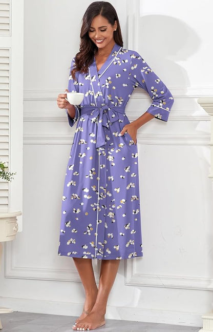 PrinStory Robes for Women 3/4 Sleeve Long Bath Robe XS-4XL | V-Neck Knit Bathrobe with Pockets, Lightweight, Soft, Breathable Robes for Shower, Spa, Travel, Home, Party, Nursing