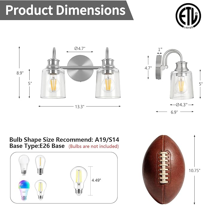 2 Lights Bathroom Light Fixtures Brushed Nickel Vanity Lights | ETL Certificate, Easy to Install,Wall Mount Up or Down,Thickened Glass Lampshade,E26 Socket,Hardwired