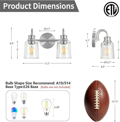 2 Lights Bathroom Light Fixtures Brushed Nickel Vanity Lights | ETL Certificate, Easy to Install,Wall Mount Up or Down,Thickened Glass Lampshade,E26 Socket,Hardwired