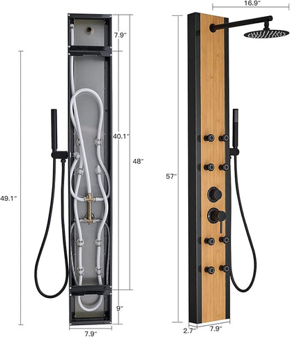 Rainfall Shower Panel Shower Tower System Bamboo Wood and Stainless Steel with 8 Body Jets Massage and Adjustable Round Shower Head Handheld Wand Shower Column Wall Mount