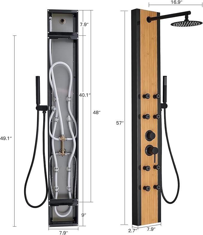BWE Shower Massage Panel Black 8-Jet Multifunction Shower Panel System Bamboo Wood and Stainless Steel Panel with Handheld Wand Wall Mount Shower Column