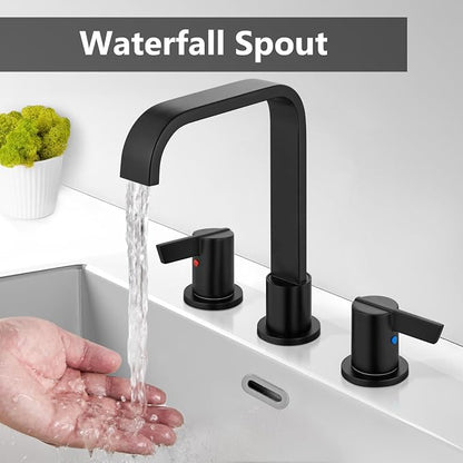 Matte Black Bathroom Faucet 3 Hole 8 Inch Widespread Waterfall | 2-Handle Vanity Faucet, Pop-Up Drain, Supply Lines, Adjustable 4- to 16-Inch Widespread Fit, 360° Swivel Spout