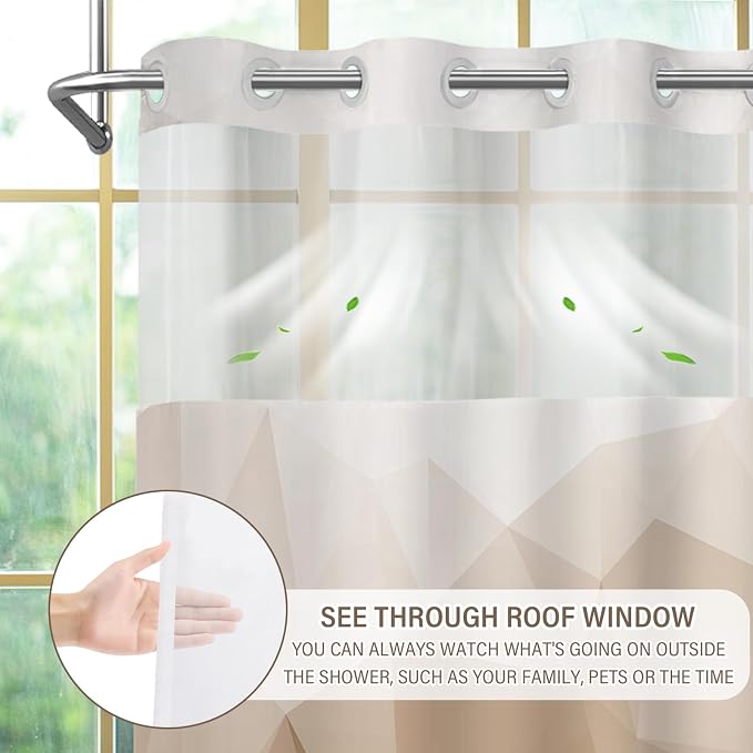 No Hook Shower Curtain with Snap in Liner Set, Brown, 71x74 | Waterproof Fabric for Bathroom, Modern Hotel Style Ombre Design, Mesh Top Window, Machine Washable, Quick Install