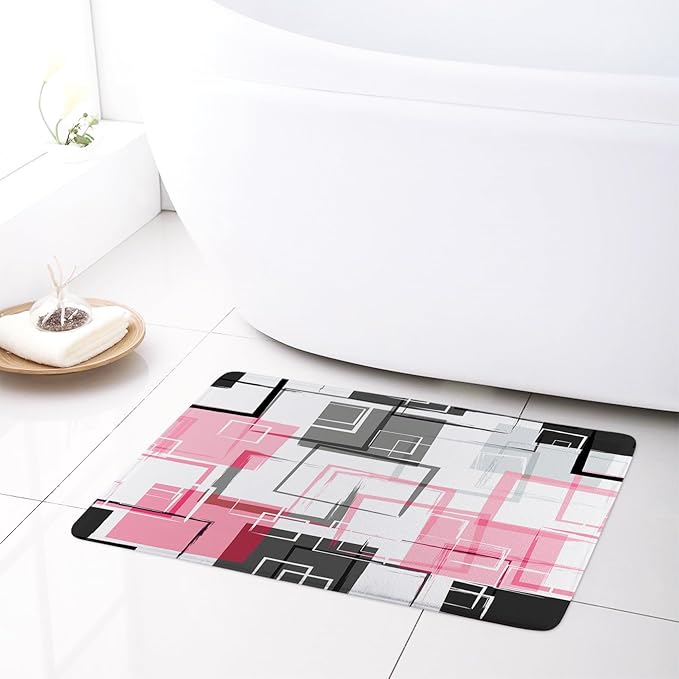 Abstract Geometric Hot Pink Shower Curtain Sets with Rugs, Gray Black and White Geometric Textured Bathroom Curtain Polyester Fabric Bathroom Decoration Shower Curtain Set,70L X 70W Inches