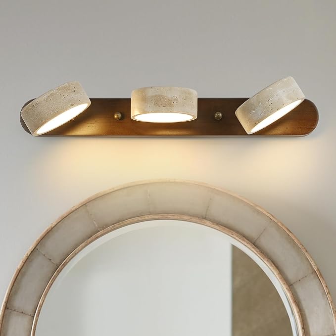 Wood Farmhouse Bathroom Vanity Light,Natural Stone Travertines Walnut Wall Lamp 3 Lights Travertine Shade Wabi Sabi Lamp, Linear Bathroom Vanity Lighting Rotatable 30W LED Wall Fixture Over Mirror