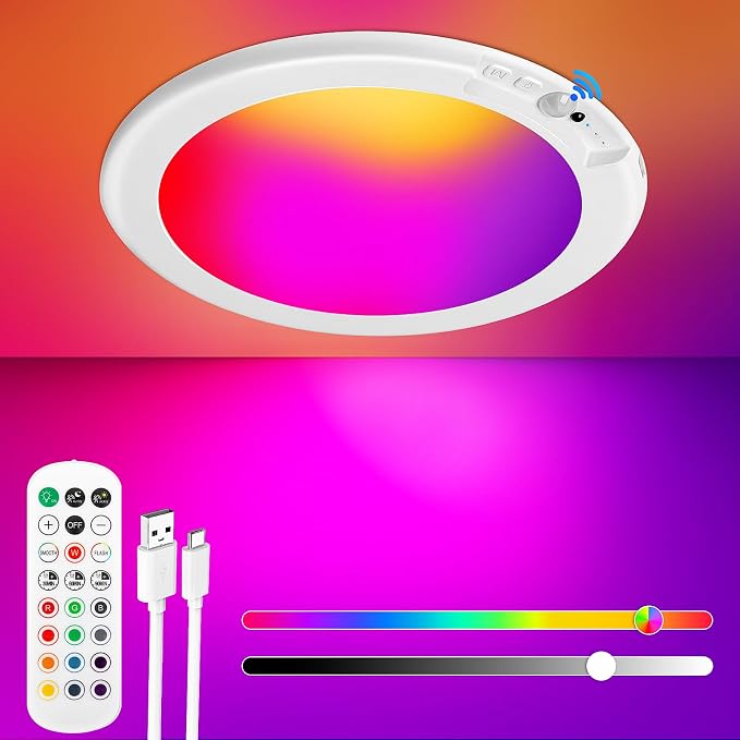 Rechargeable Motion Sensor Ceiling Light, Battery Closet Light 12 RGB Color | Wireless Battery Powered LED Shower Light, Magnetic Cordless Ceiling Light with Remote, Overhead Lamp for Pantry Shed Hallway